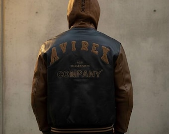 Vintage Avirex Leather Varsity Jacket: Black & Brown Hooded Bomber