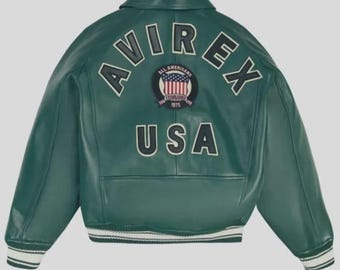 Men’s Avirex Olive Green Bomber Jacket – Real Lambskin Leather American Flight Icon Style Jacket