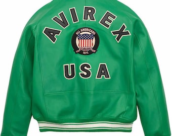 Vintage Style Grüne Leder Bomberjacke, AVIREX USA Patch, Custom Fit
