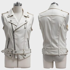 May include: A white, sleeveless motorcycle-style vest with a notched collar, asymmetrical zipper closure, and a belted waist. The vest features silver-tone hardware, including zippers and snaps, and is displayed on a mannequin.