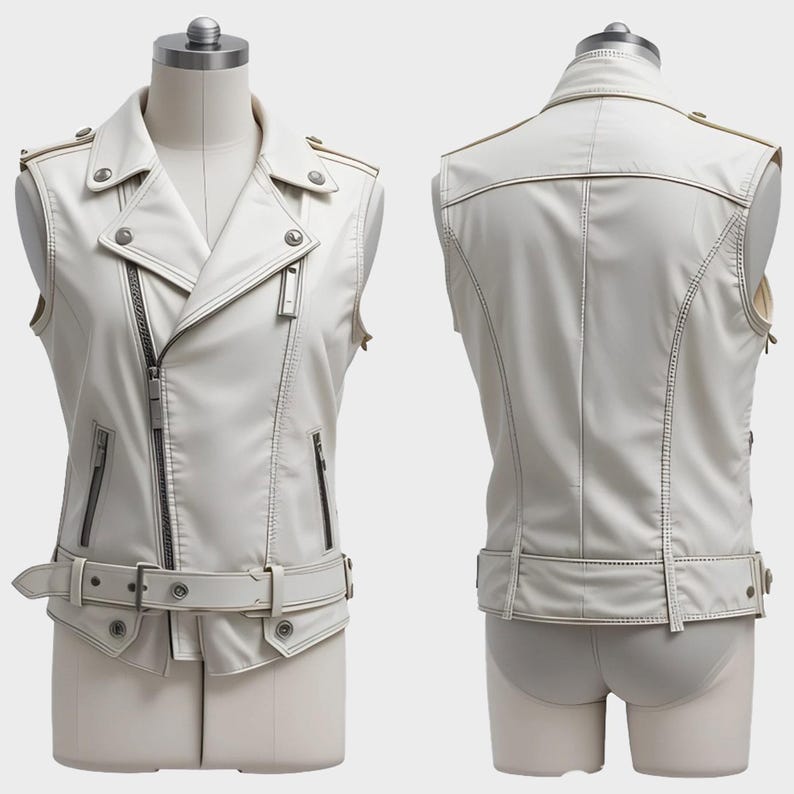 May include: A white, sleeveless motorcycle-style vest with a notched collar, asymmetrical zipper closure, and a belted waist. The vest features silver-tone hardware, including zippers and snaps, and is displayed on a mannequin.