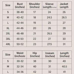 May include: A beige size chart for an MCM tracksuit with black text. The table lists measurements in inches for sizes S through 4XL, including bust, shoulder, sleeve, and jacket length, as well as waist, hip, inseam, and pant length measurements.