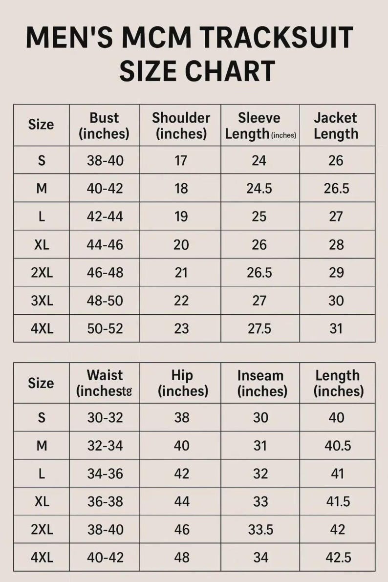 May include: A beige size chart for an MCM tracksuit with black text. The table lists measurements in inches for sizes S through 4XL, including bust, shoulder, sleeve, and jacket length, as well as waist, hip, inseam, and pant length measurements.