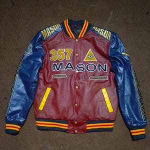 Masonic Varsity Jacket: Embroidered Freemason Symbols, Maroon & Blue