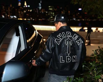 Men's Avirex Black Leather Bomber Jacket: American Flight Style