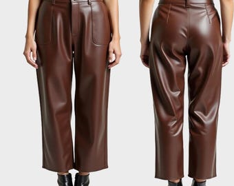 Handmade Brown Leather Culottes: High-Waisted Wide Leg Cropped Trousers