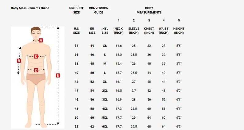 May include: Body measurements guide with a male figure and size chart. Includes U.S., EU, and international sizes, along with neck, sleeve, chest, waist, and height measurements in inches.