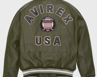 Men's Avirex Olive Green Leather Bomber Jacket - Vintage American Style