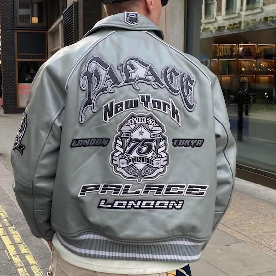 Palace X Avirex Grey Leather Jacket: Vintage Oversized Bomber