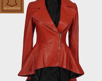 Women's Peplum Black Leather Biker Jacket: Hi-Low Hem