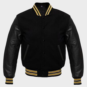 Black and Yellow Varsity Jacket | Unisex Leather Sleeve Bomber | Retro Letterman Style Jacket for Men & Women