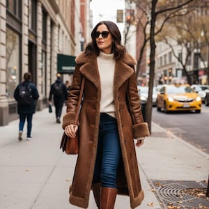 メンズ ブラウンレザートレンチコート、ダブルブレスト ベルト付き