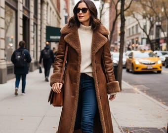 Vintage Shearling Leather Coat | Women's Sheepskin Fur Trim Trench