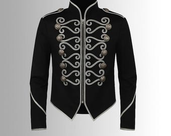 Men's Black Wool Hussar Jacket: Silver Braiding, Military Style