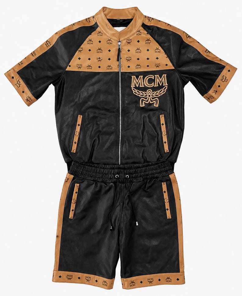 Premium genuine leather two-piece outfit for men in tan and black color combination with zipper details.