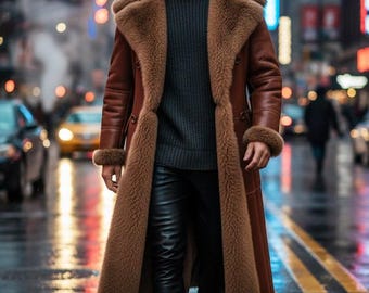 Vintage 70s Shearling Fur Aviator Coat | Handmade Sheepskin Leather Coat | Long Winter Overcoat