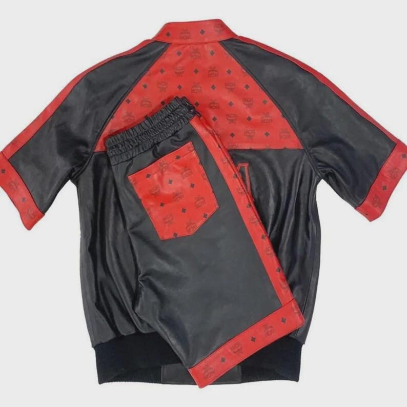 Luxury men's leather shorts set with zip front closure, side pockets, and premium craftsmanship.