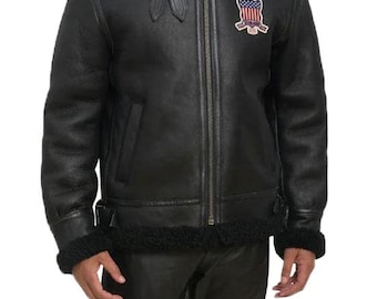 Avirex USA Genuine Leather Shearling Bomber Jacket: Black Aviator Coat