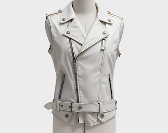 White Leather Biker Vest: Men's Punk Rock Motorcycle Gear