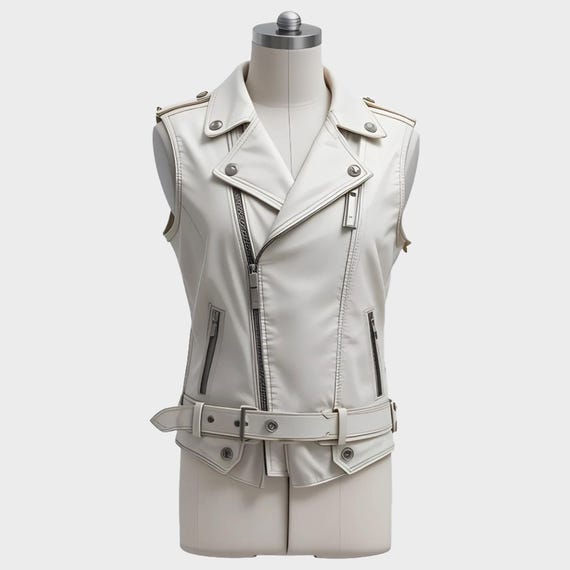 White Leather Biker Vest: Men's Punk Rock Motorcycle Gear