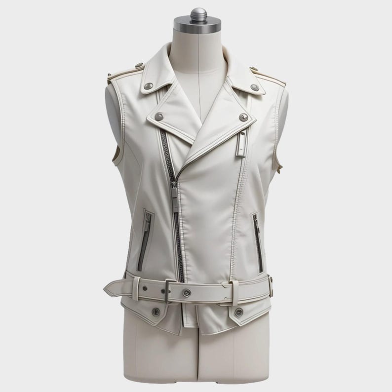 May include: A sleeveless white leather jacket with a classic biker style. Features include a notched lapel, asymmetrical zipper closure, multiple zippered pockets, and a belt at the waist. The jacket is displayed on a mannequin.