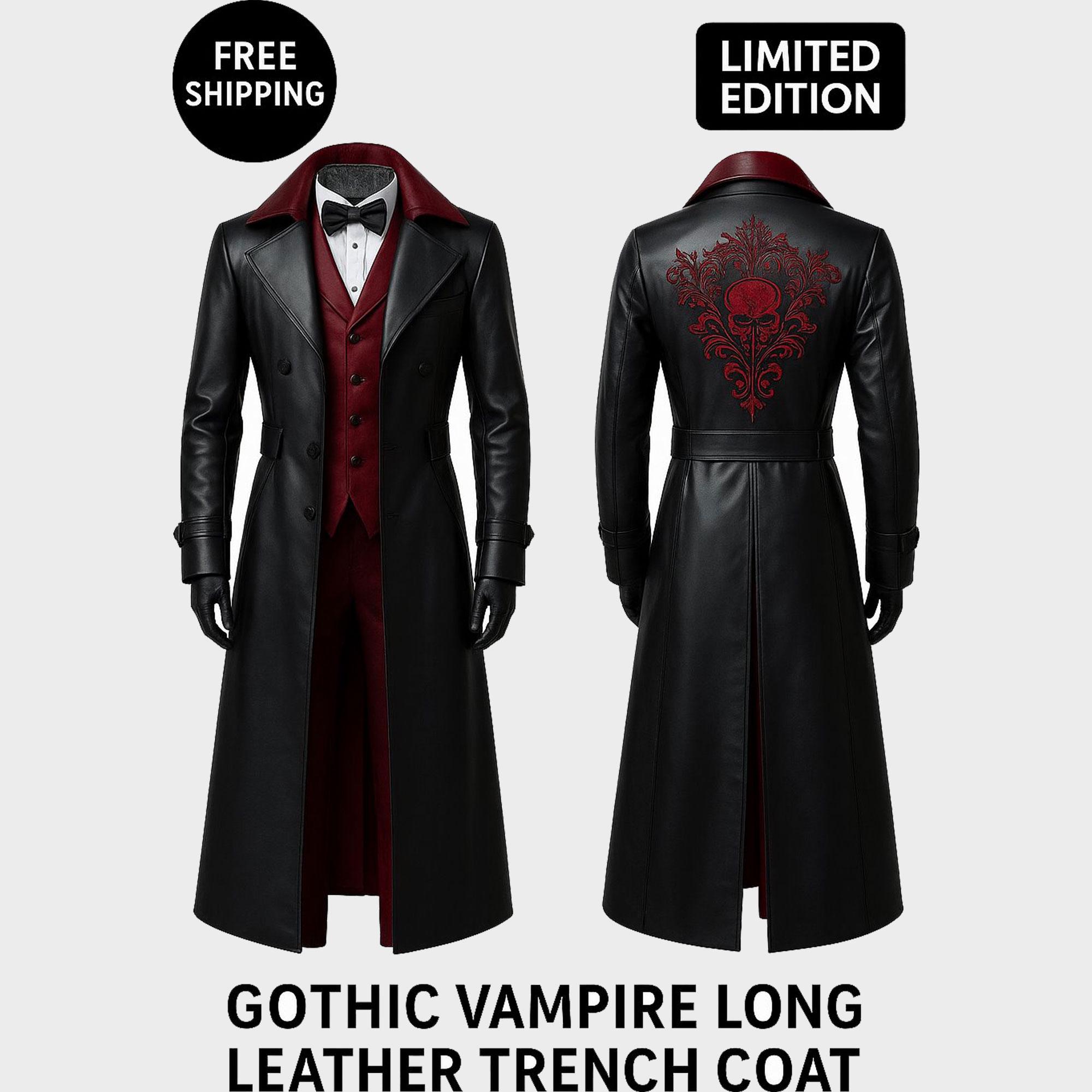 Gothic Vampire Leather Trench Coat: Embroidered Steampunk Cosplay
