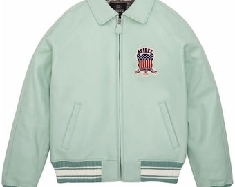 Mintgrüne Avirex Varsity Lederjacke: Retro All Americans Bomberjacke