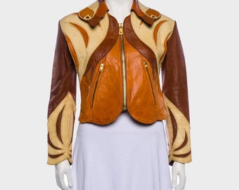 70s Patchwork Leather Biker Jacket: Vintage Earth Tone Hippie Coat
