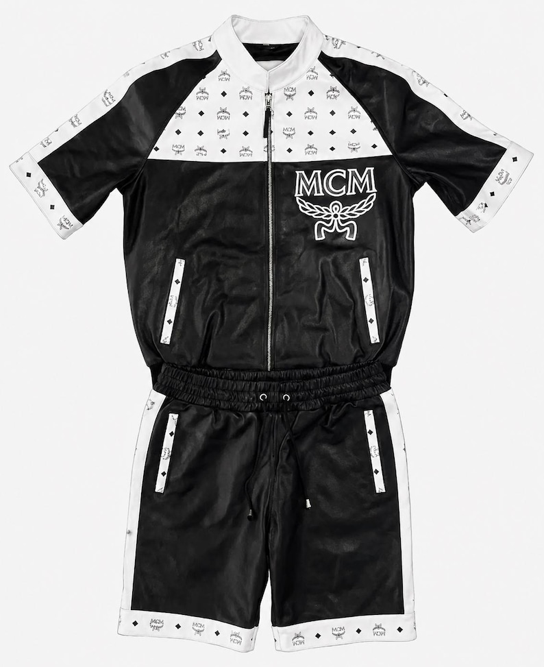 Luxury handmade leather co ord set for men with matching leather shorts and designer-inspired streetwear styling.
