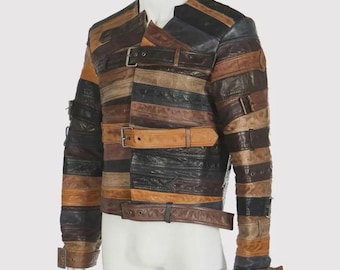 Chaqueta de cuero con patchwork multicolor / Abrigo motero con correa y hebilla recicladas