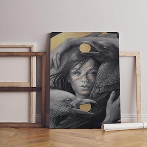 Mystical Raven Canvas Art – Gold Accent Crow Poster, Dark Fantasy Wall Decor, Gothic Bird Print