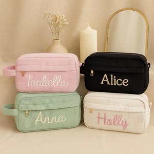 Personalized Corduroy Makeup Bag, Custom Name Cosmetic Pouch, Bridesmaid Gift for Wedding, Birthday Gift for Her, Travel Toiletry Bag