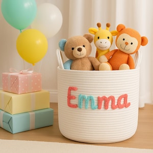 Personalized Cotton Rope Basket, Custom Kids Toy Organizer, Nursery Storage Bin with Handles, Laundry Basket, Baby Shower Gift, Home Decor