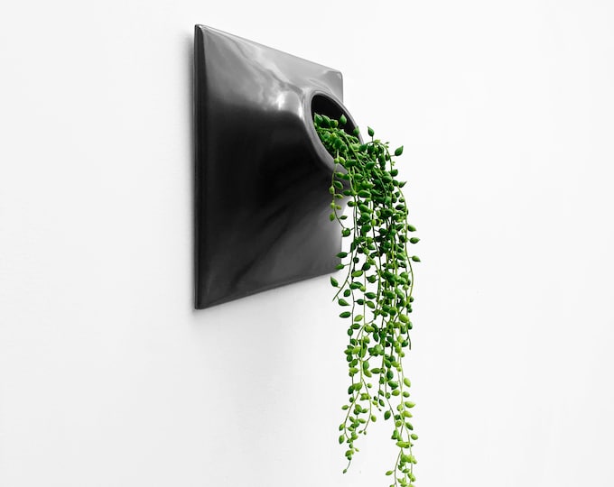 Black 9" Ceramic Wall Planter: Mid Century Modern Design, Indoor / Outdoor Plant Sculpture
