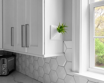 Peut inclure: Des armoires de cuisine blanches avec un dosseret en carrelage hexagonal blanc. Une petite plante en pot est fixée au mur au-dessus du dosseret.