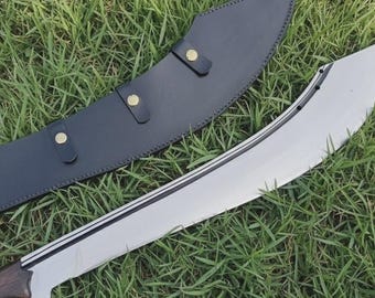 Espada machete hecha a mano con hoja de acero al carbono, machete forjado a mano de 32 pulgadas con funda de cuero