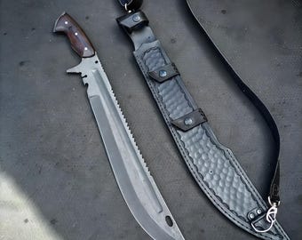 Espada machete hecha a mano con hoja de acero al carbono, 24 pulgadas, forjada a mano, con funda de cuero.