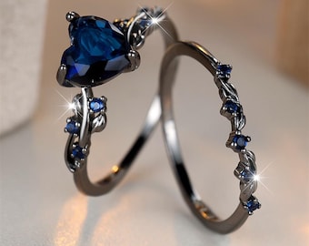 Set di anelli da sposa con zaffiro blu taglio a cuore in argento sterling 925 – Elegante gioiello per matrimoni e anniversari