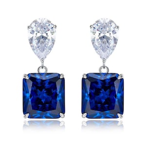 Princess Cut Blue Sapphire Drop Earrings: Pear Moissanite, Sterling Silver