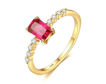 Anillo de rubí de laboratorio con corte esmeralda – Joyería de compromiso en plata de ley