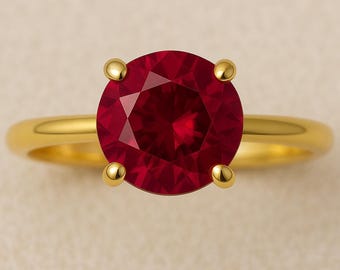 Lab Ruby Solitaire Ring – Round Cut Sterling Silver Engagement Jewelry