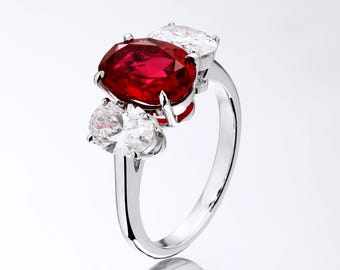 Oval Cut Lab Created Ruby Trilogy Engagement Ring in 925 Sterling Silver – Elegant Women’s Birthstone Jewelry – Anniversary & Wedding Gift