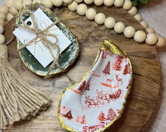Christmas Print Oyster Shell Ring Dish: Gold Trim, Coastal Decor