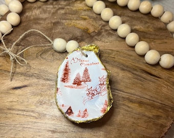 Handcrafted Coastal Christmas Oyster Shell Ornament: Gold Trim, Jute Hanger