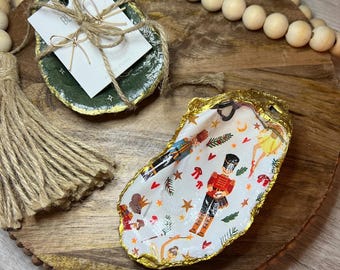 Christmas Print Oyster Shell Ring Dish: Gold Trim | Coastal Decor | Gifts for Her