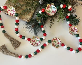 Handmade Scallop Shell Christmas Garland | Coastal Wood Bead Decor