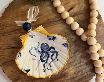 Octopus Scallop Shell Christmas Ornament • Hand-Painted Coastal Decor