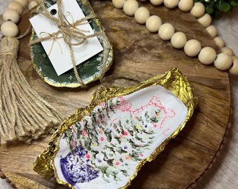 Handcrafted Christmas Tree Oyster Shell Ring Dish: Gold Trim