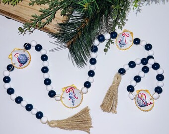 Handmade Scallop Shell Christmas Garland | Coastal Wood Bead Decor | Blue and White Decor