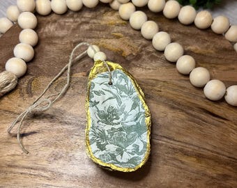 Decoupage Oyster Shell Christmas Ornament: Gold Trim Coastal Decor